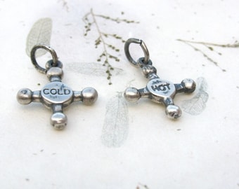 Corroded Hot and Cold Silver Faucet Charms with Jump Rings