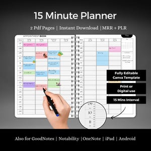 May include: A 15-minute planner with a black and white design. The planner is open to a May calendar page with a hand holding a pen over the page. The planner is fully editable and can be used digitally or printed. The planner is also compatible with GoodNotes, Notability, OneNote, iPad, and Android.