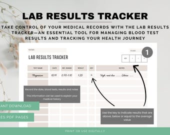 Lab results tracker, lab results chart, blood test results, blood test, blood work tracker, doctor visit tracker, medical organizer
