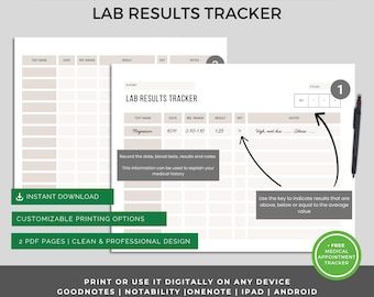 Lab results tracker, lab results chart, blood test results, blood test, blood work tracker, doctor visit tracker, medical organizer