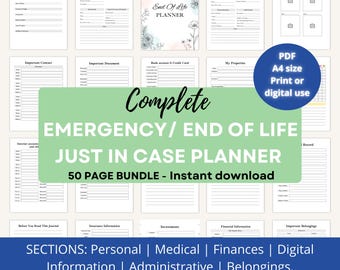 May include: A digital PDF emergency and end-of-life planner with 50 pages. The planner includes sections for personal information, medical details, finances, and digital information. The cover features floral illustrations and the text "End of Life Planner."