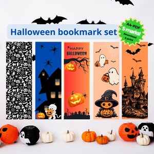 Può includere: Un set di segnalibri di Halloween con cinque design unici. I segnalibri includono illustrazioni spettrali di pipistrelli, fantasmi, case infestate, zucche e ragni. Il testo "Halloween bookmark set" è visualizzato in alto.