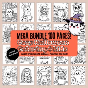 Könnte beinhalten: Eine Sammlung von Halloween-Malvorlagen in Schwarzweiß für Kinder. Das Bild enthält eine Vielzahl von Illustrationen mit Geistern, Hexen, Kürbissen und Tieren. Der Text auf dem Bild lautet "MEGA BUNDLE 100 PAGES! Cozy Halloween Coloring 4 kids".