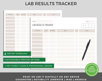 Lab results tracker, lab results chart, blood test results, blood test, blood work tracker, doctor visit tracker, medical organizer