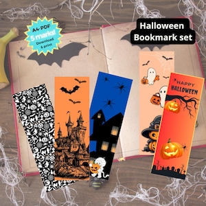 Pode incluir: Um conjunto de marcadores com tema de Halloween. Os designs incluem morcegos, casas assombradas, fantasmas, aranhas e abóboras. Os marcadores são em várias cores, incluindo preto, laranja e azul. O texto "Halloween Bookmark set" é visível.