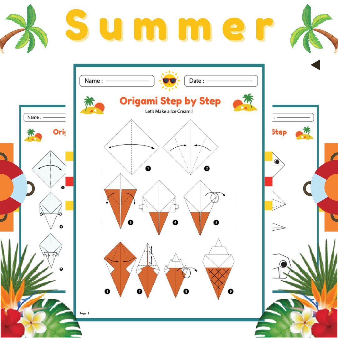 Summer Themed Origami , Easy Step-by-step Instructions Worksheets for ...