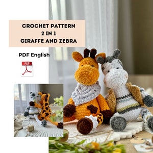 Crochet pattern 2in1 safari animal, pattern toy crochet amigurumi jungle toys, pattern pdf, crochet zebra, giraffe toy pattern, giraffe diy