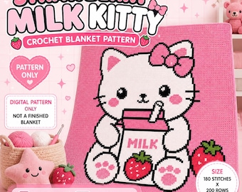 Häkelanleitung für eine Erdbeermilch-Kätzchendecke | Niedliches Kawaii-Graphgan-Muster | 180 Maschen x 200 Reihen | Digitaler PDF-Download