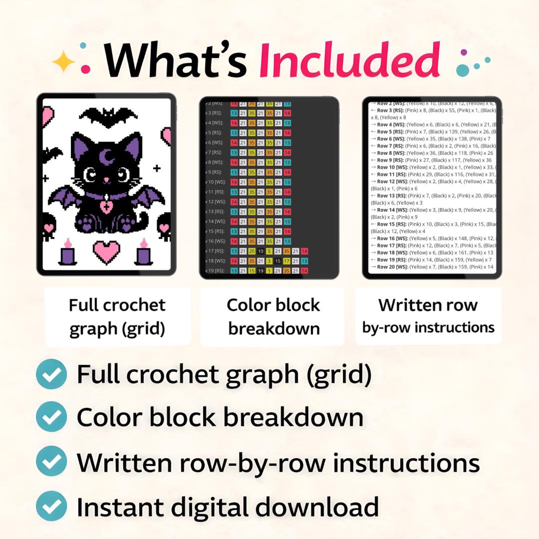 Goth Kawaii Cat Crochet Blanket Pattern | Spooky Bat Wings Graphghan ...