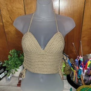 Handmade Crochet Halter Crop Top: Beige Acrylic, Size Small