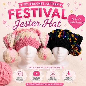 May include: A PDF crochet pattern for a Festival Jester Hat featuring two examples on mannequin heads. One hat is pink and cream with matching pom-poms, and the other is black with multi-coloured accents and a multi-coloured pom-pom.