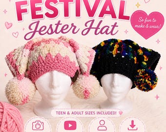 Festival Jester Hut Häkelanleitung PDF | Teenager & Erwachsene Größen | Fairycore Häkelmütze | Ausführliche Anleitung + Fotos + Video Tutorial