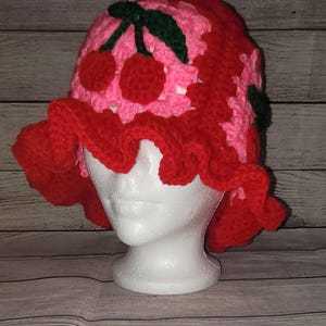 Handmade Cherry Granny Square Crochet Bucket Hat - &quot;Cherry Bliss&quot;