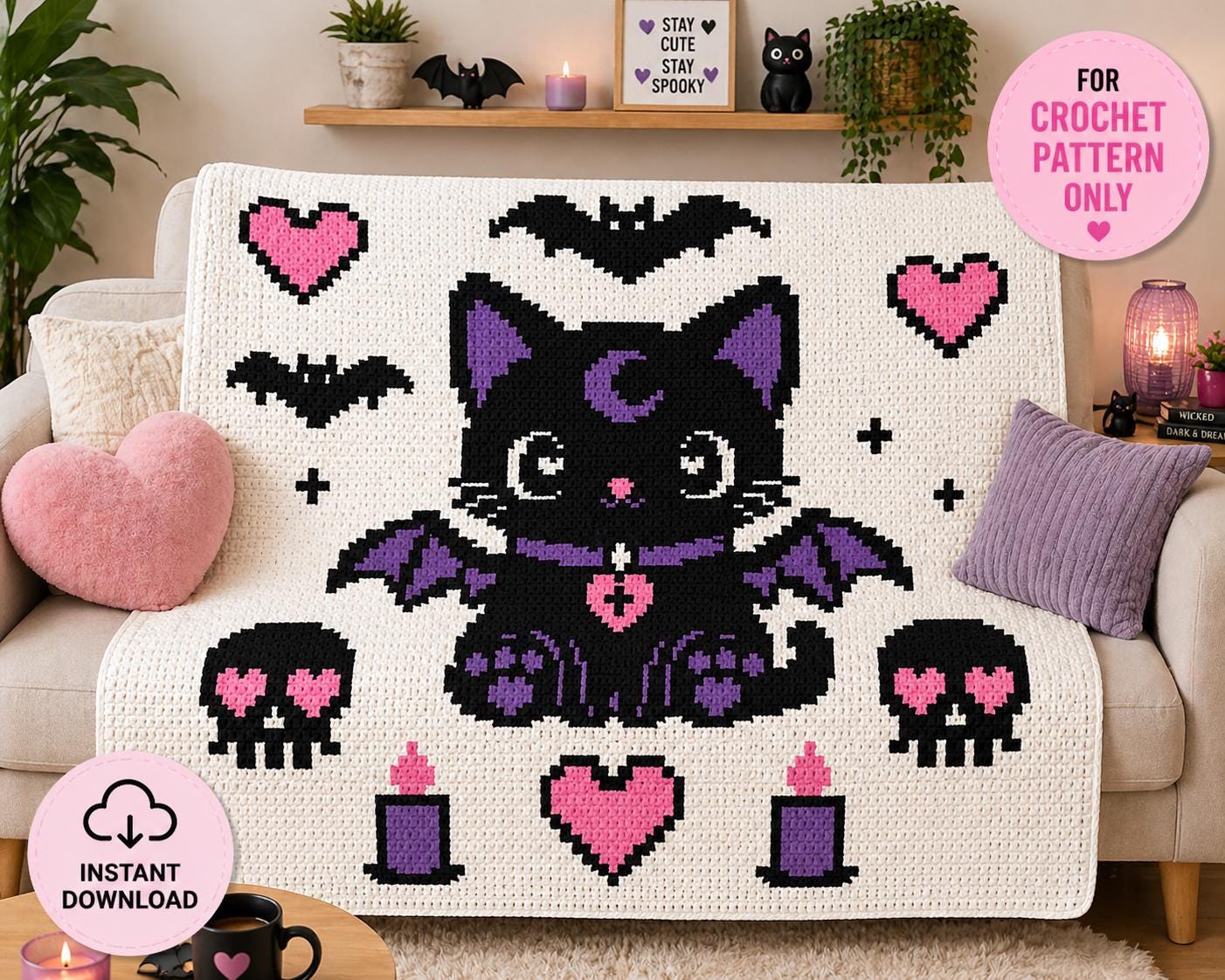 Goth Kawaii Cat Crochet Blanket Pattern | Spooky Bat Wings Graphghan ...