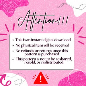 K&ouml;nnte beinhalten: Rosa Hintergrund mit dem Wort "Attention!!!" in schwarzer Schrift. Ein wei&szlig;es Rechteck enth&auml;lt Aufz&auml;hlungspunkte zu einem digitalen Download, einschlie&szlig;lich keine R&uuml;ckerstattungen oder R&uuml;ckgaben. Ein rotes Dreieck mit einem Ausrufezeichen befindet sich unten.