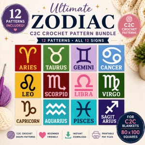 Può includere: Un grafico digitale per un pacchetto di schemi per uncinetto C2C Ultimate Zodiac con 12 quadrati colorati, ognuno che mostra un simbolo e un nome di segno zodiacale. Il layout include etichette di testo per 12 schemi e 80x100 quadrati.