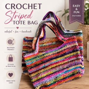 Peut inclure: Un sac fourre-tout crocheté à la main avec des rayures horizontales colorées. Le sac présente un motif rayé dans diverses couleurs, dont le rouge, le jaune, le bleu et le violet. Le texte "CROCHET Striped TOTE BAG" est en haut. Le sac est facile, élégant, pratique et fait avec amour.