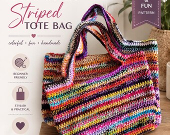 Gehäkelte gestreifte Tragetasche Muster PDF | Anfänger Freundliche Markttasche | Größe S-XL, gehäkelte Tasche | Garnsäckchen-Muster