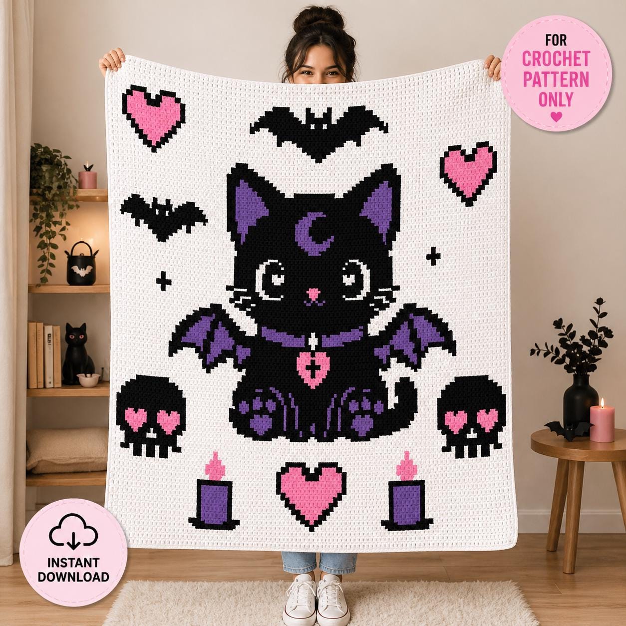 Goth Kawaii Cat Crochet Blanket Pattern | Spooky Bat Wings Graphghan ...