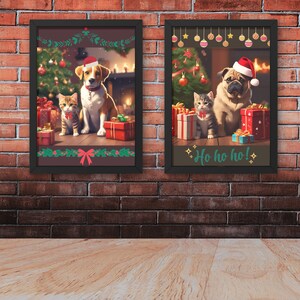 Poster natalizio con cane e gatto, arte murale minimalista per le feste, download digitale, decorazioni stampabili per le feste
