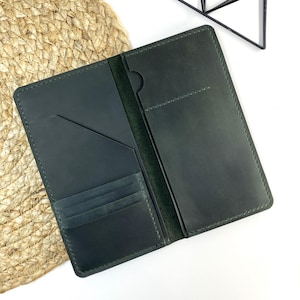 Cartera de viaje de cuero, monedero de viaje de cuero, organizador de documentos, billetera de cuero verde, billetera para boletos de avión y tren, regalo para viajeros