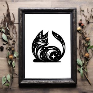 Cozy Celestial Cat Wall Art - Moon Cat Poster for Warm, Dreamy Spaces - Black