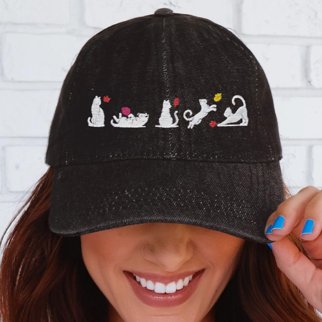 Embroidered Denim Hat With Cats Playing in Autumn Leaves - Etsy