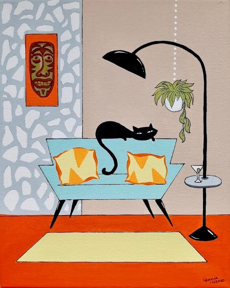 Mid Century Modern Art Mid Century Cat on Blue Sofa Cat Art Etsy