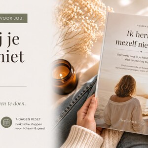 May include: A book titled "Ik herken mezelf niet meer" is held open, showing a woman looking at a sunset. The image includes a lit candle, a cup of tea, and text in Dutch: "Voel jij je jezelf niet meer?" and "Je bent niet alleen."