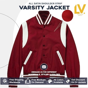 Jaqueta personalizada de cetim universitário Letterman, corpo vermelho, listrada em branco, ombro, jaqueta personalizada para homens, mulheres e crianças, presente de Páscoa
