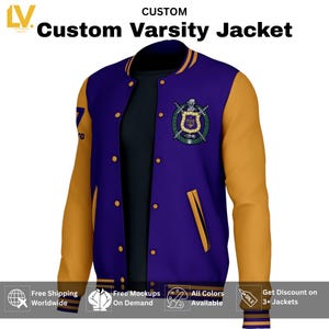 May include: A custom varsity jacket with a purple body and gold sleeves. The jacket features a crest on the chest and the text "Custom Varsity Jacket" at the top. The jacket has gold buttons and trim.