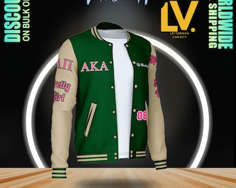 Alpha Kappa Alpha Varsity Letterman Jacket For Men Women & Kids Custom Sorority Bomber Jacket Green Body And Beige Sleeves