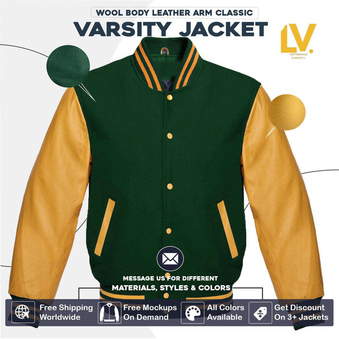 Varsity Letterman Jacket for Men, Women & Kids Forest Green Body Gold ...