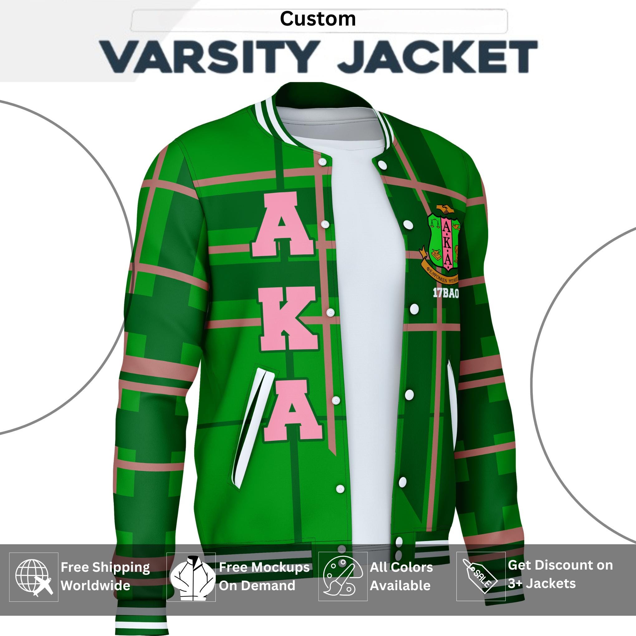 Varsity Letterman Jacket For Men Women & Kids Personalized AKA Themed Jacket Signature Pink and Green Theme Sorority Colors