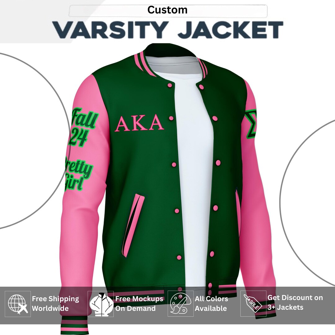 Custom Alpha Kappa Alpha Varsity Letterman Jacket Forest Green Wool Body  Pink Leather Sleeves Jacket for Men Women Kids