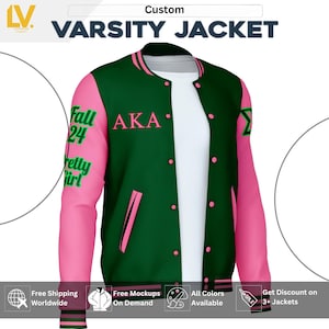Custom Varsity Letterman Jacket Alpha Kappa Alpha Forest Green Body Pink Sleeves Jacket For Women