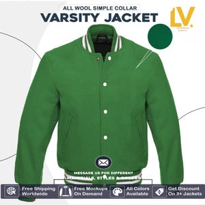 May include: Green varsity jacket with white stripes on the collar and cuffs. The jacket has a simple collar and is made of wool. The text "ALL WOOL SIMPLE COLLAR VARSITY JACKET" is at the top of the image. The text "LV. LETTERMAN VARSITY" is at the top right of the image.