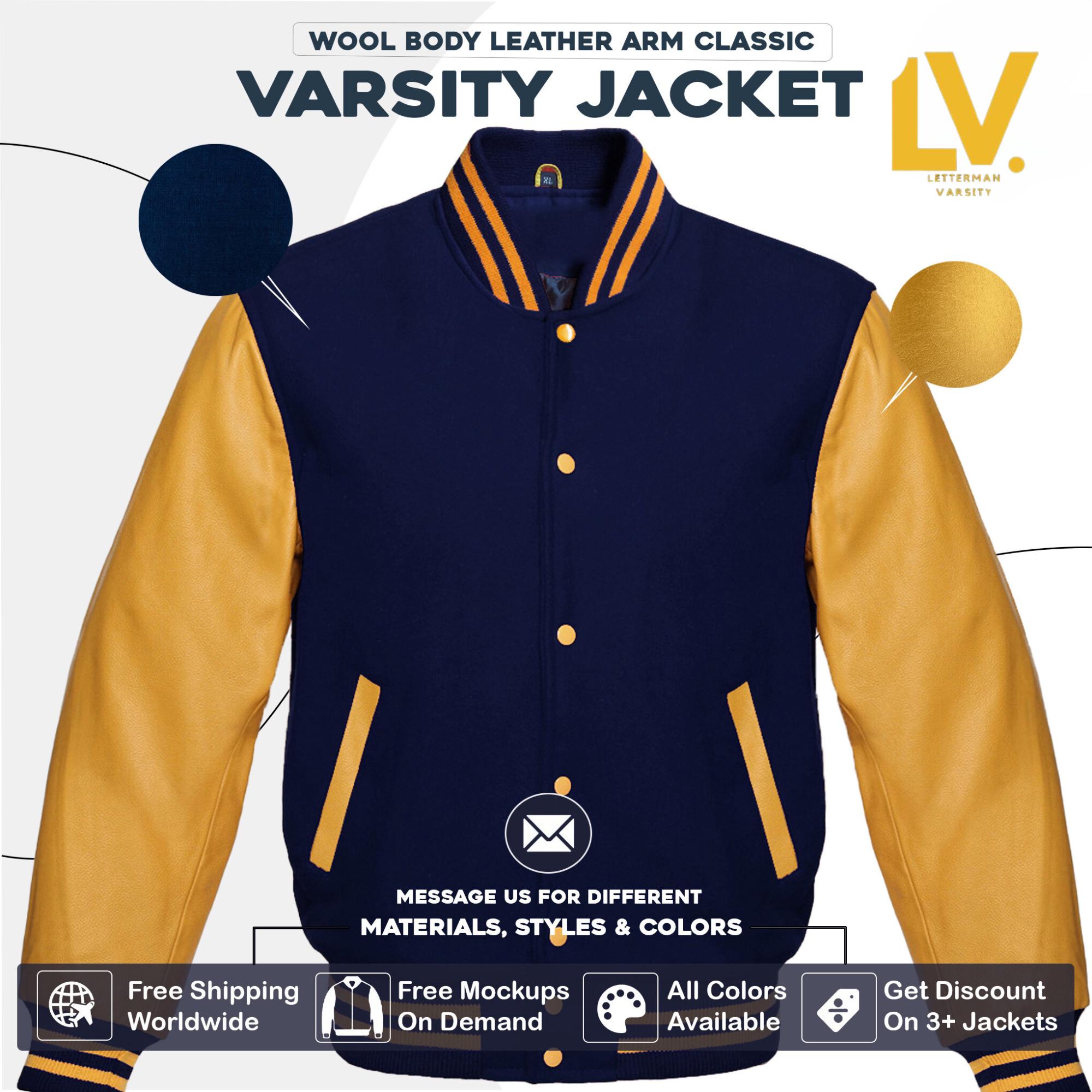 Varsity Letterman Jacket for Men, Women & Kids Navy Blue Body Gold