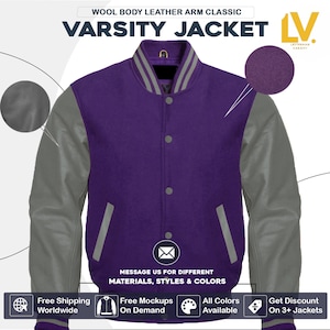 May include: Purple wool varsity jacket with grey leather sleeves. The jacket has a white stripe on the collar and a white stripe on each sleeve. The jacket has a pocket on each side. The text "LV" is on the right side of the jacket.