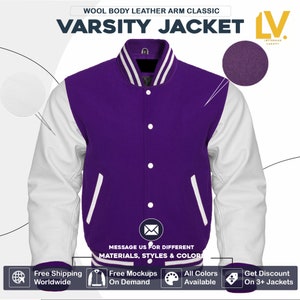 Chaqueta universitaria Letterman para hombres, mujeres y niños, personalizada, con cuerpo morado y mangas blancas, para graduación, fútbol y baloncesto.