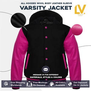 Chaqueta universitaria Letterman para hombres, mujeres y niños, personalizada, con capucha, cuerpo negro y mangas rosa intenso, para equipos de fútbol y baloncesto.