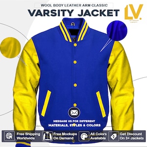 Chaqueta universitaria Letterman para hombres, mujeres y niños, personalizada, con cuerpo azul rey y mangas amarillas, para equipos de fútbol y baloncesto.