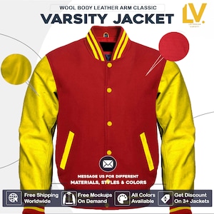 Puede incluir: Chaqueta universitaria clásica con cuerpo de lana y brazos de cuero. La chaqueta es principalmente roja con mangas, cuello y detalles de bolsillo amarillos. El texto "VARSITY JACKET" se muestra en la parte superior. También incluye el texto "MESSAGE US FOR DIFFERENT MATERIALS, STYLES & COLORS".