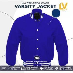 May include: A royal blue varsity jacket with white ribbed trim around the collar and cuffs. The jacket has a button closure and a white embroidered logo on the front.