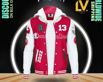 Varsity Letterman Jacket For Men Women And Kids Custom Pink And White Hooded Designed For Football Teams And High School