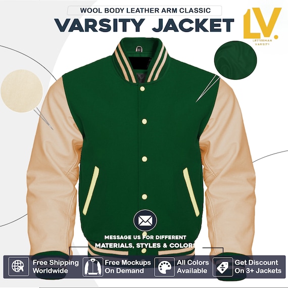Letterman Varsity Jacket Forest Green Body Cream Sleeves Football
