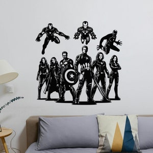May include: Black and white silhouette wall decal featuring characters from the Marvel Cinematic Universe, including Captain America, Iron Man, Black Widow, and others.