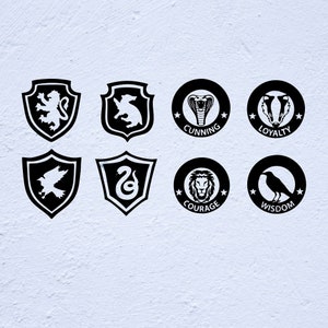 May include: Black and white illustrations of the Hogwarts house crests. The crests are in the shape of shields and circles. The shields feature a lion, badger, snake, and eagle. The circles feature a lion, snake, badger, and raven. The text below the crests reads "Courage", "Loyalty", "Cunning", and "Wisdom".