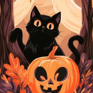 Close-up of the printed design on the shower curtain: a black cat with big amber eyes behind a smiling jack-o'-lantern, framed by dark tree trunks and orange and purple leaves.