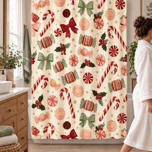 Candy cane Christmas shower curtain in a bright bathroom with a wood vanity and woven rug, as a woman in a white robe walks past.